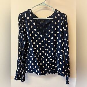 JCrew Navy and Ivory Polka Dot Peplum Blouse.